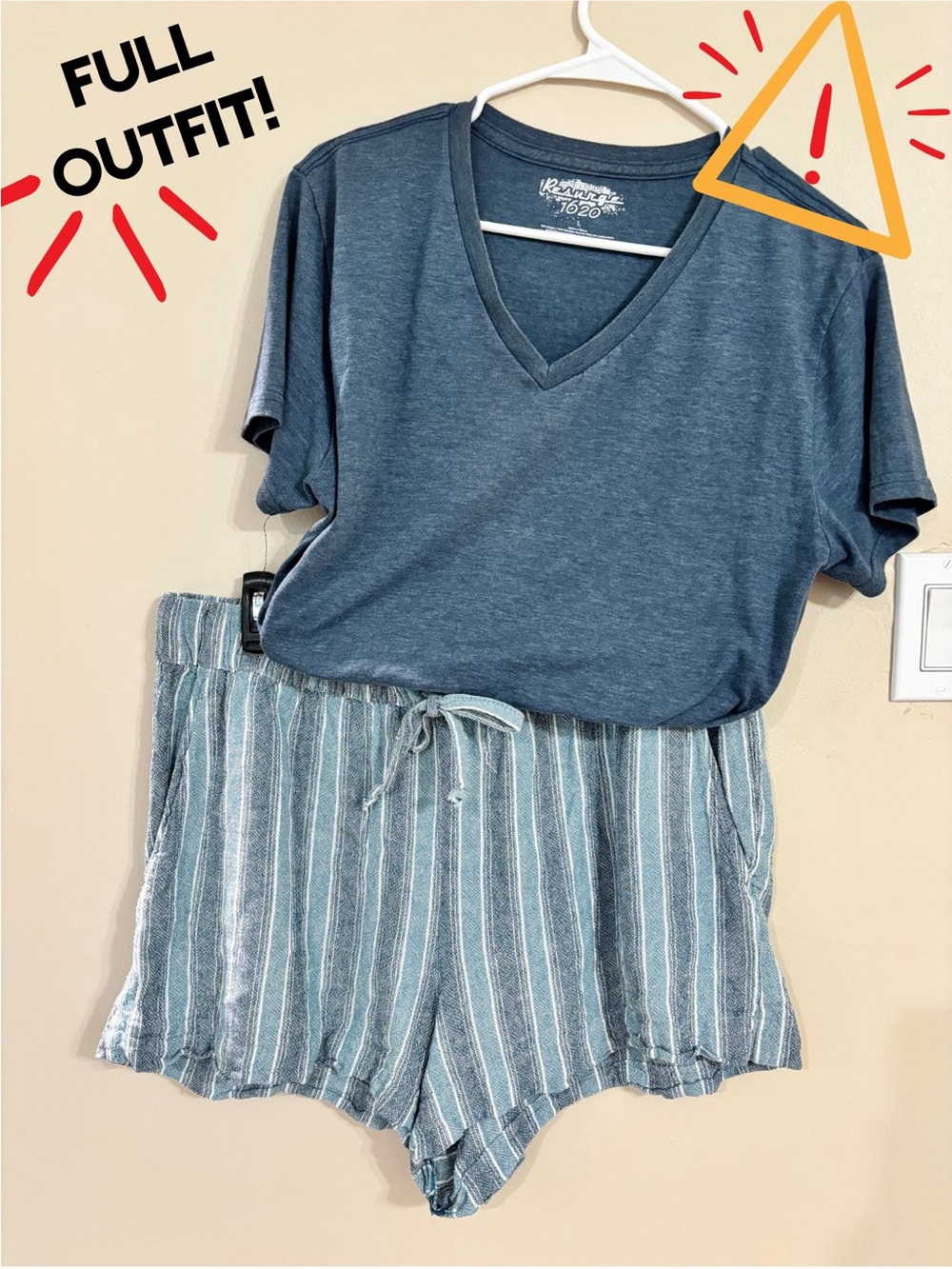 OUTFIT: Blue V-Neck Tee & Striped Linen-Blend Shorts Set